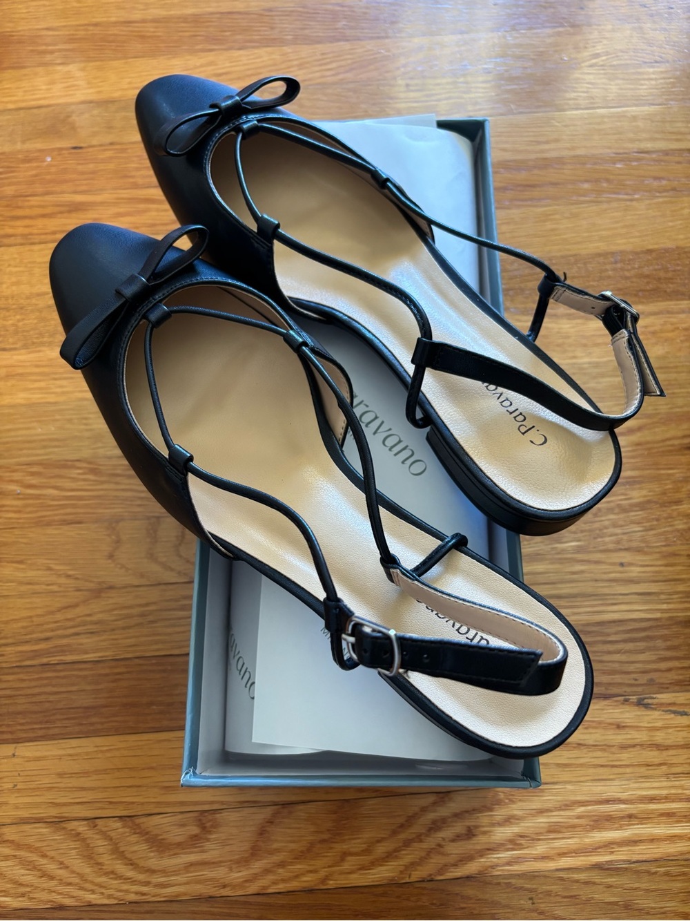Caravano Black Leather Slingback Flats with Bow